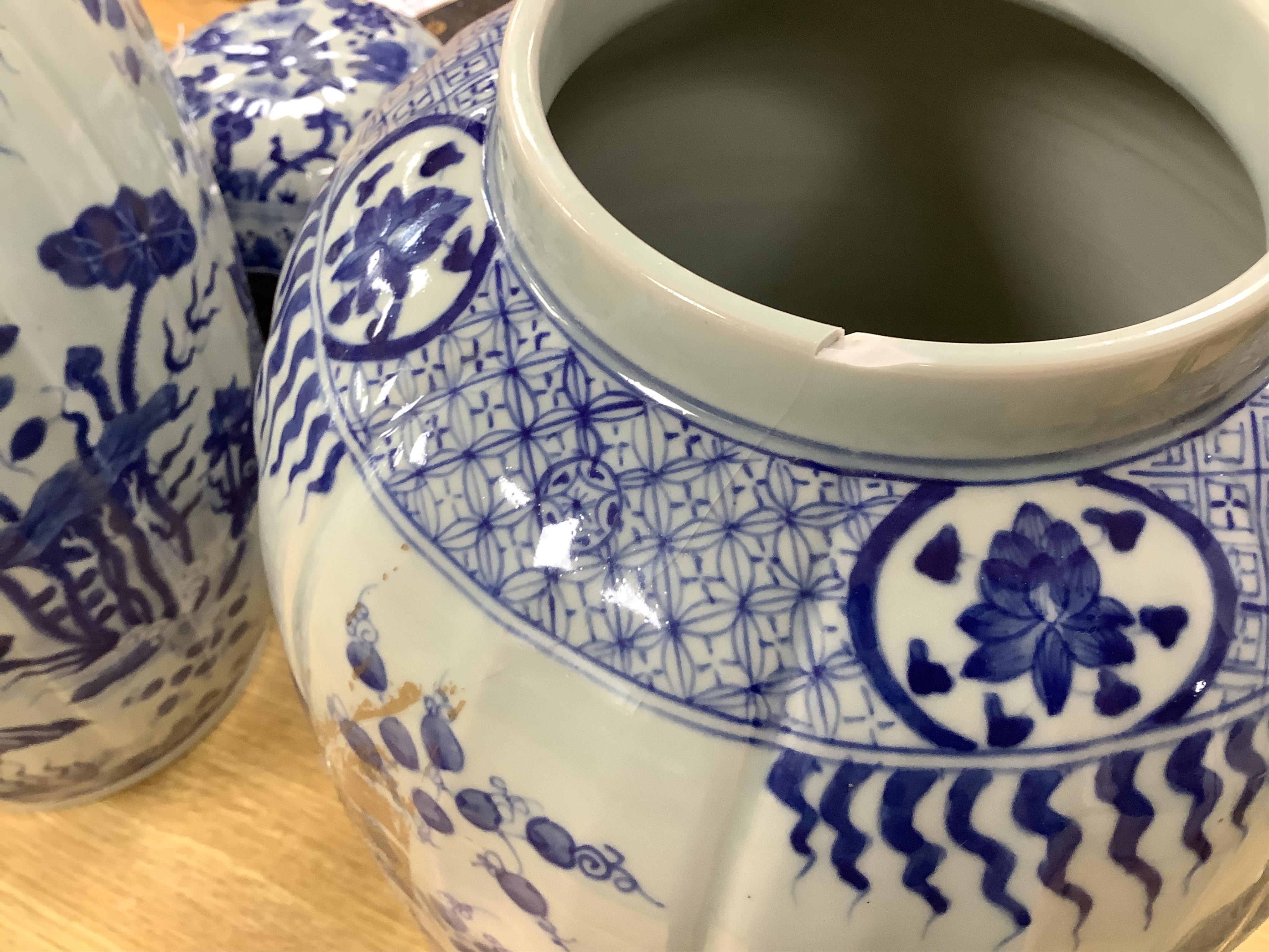 A large pair of Chinese blue and white ovoid jars and covers decorated with fish and lotus, 48cm high